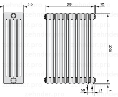 Схема (чертеж) Радиатор Zehnder Charleston 6300/11 №5510 Белый глянцевый RAL 9016